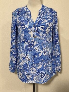 Lilly Pulitzer Womens XS Elsa Silk Tunic Blouse Blue Tang Flocking Fabulous